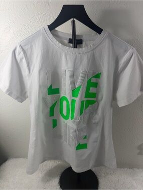 Graphic T-Shirt Studio F Rhinestone Live Your Life White Green Size M